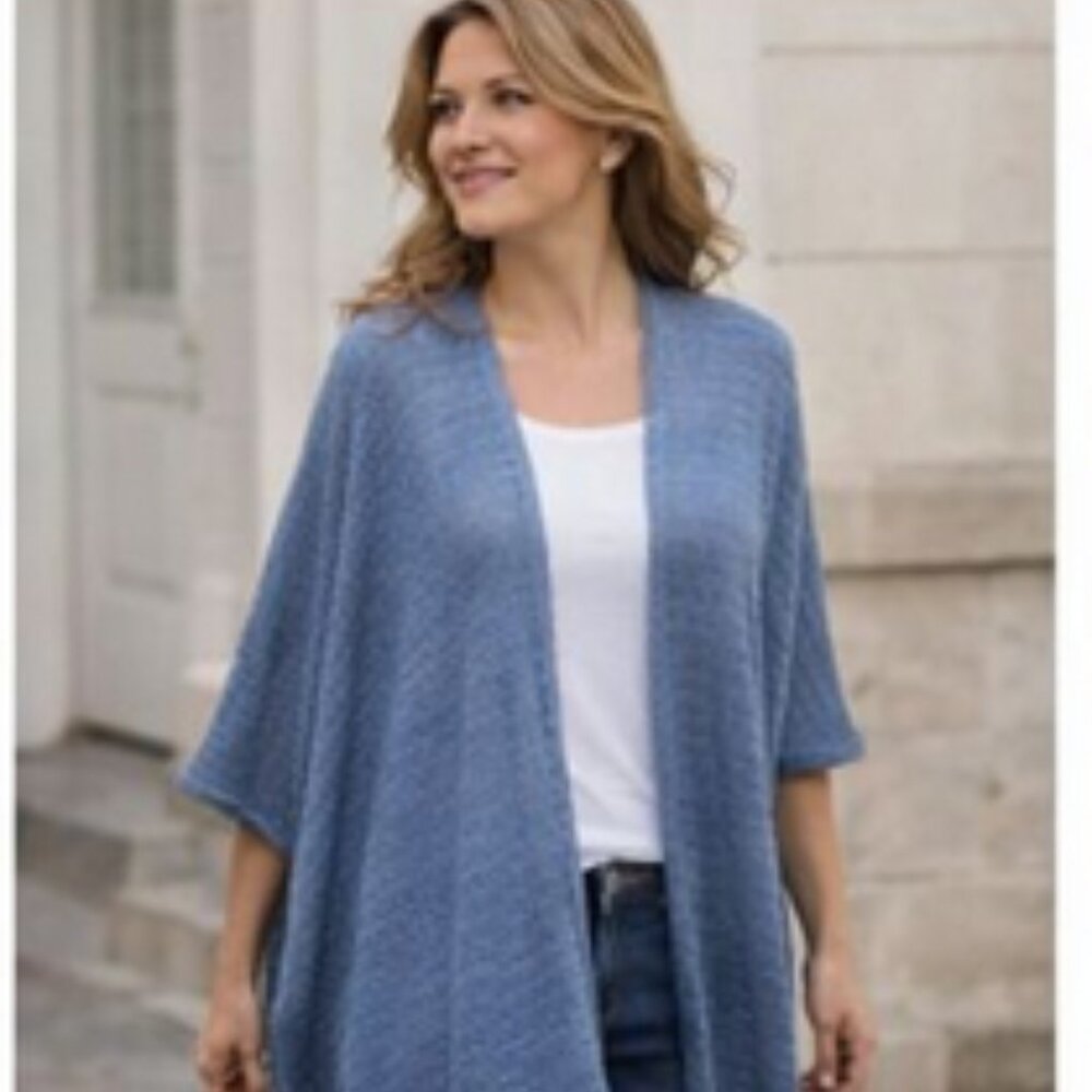 J. Jill Open-Weave Knit Poncho Wrap – Blue Textured Layer, One Size